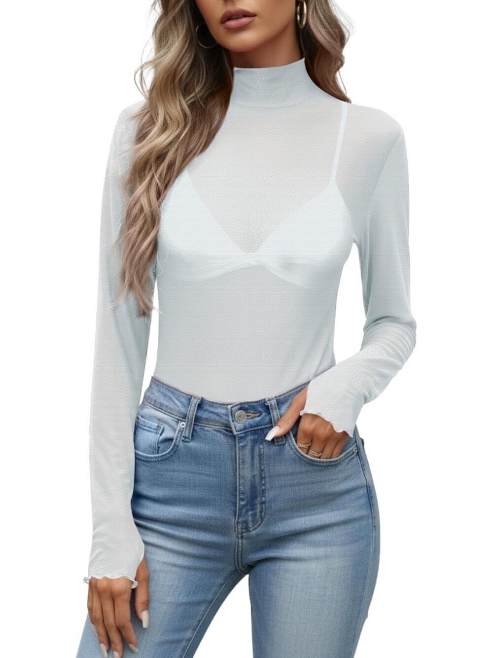 Women's White Polyester Mesh Top Blouse Party Clubwear Long Sleeve Shirt